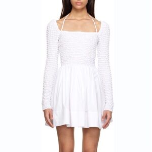 STAUD Cassidy Shirred Cotton Poplin White Mini Dress Long Sleeve Size Large